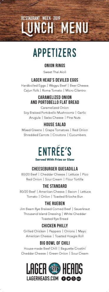 Lunch menu featuring appetizers and entrees with fries or slaw for Restaurant Week 2019.