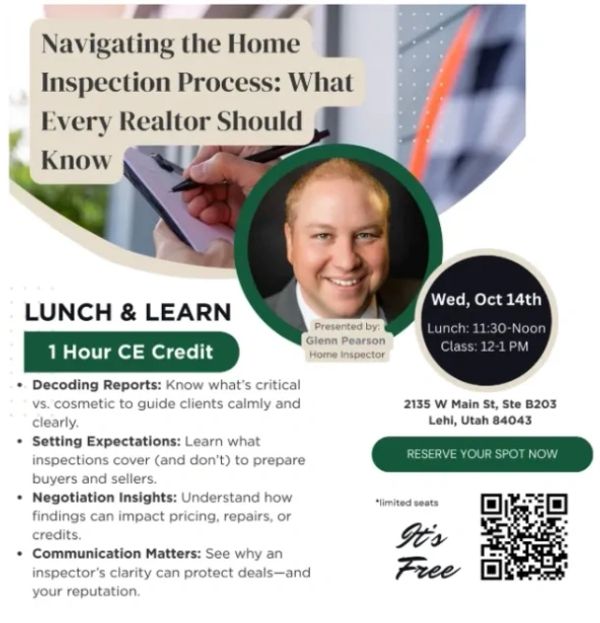 Flyer for a free home inspection process class for realtors with Glenn Pearson.