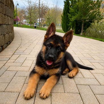 Adorable German Shepherd puppy lying on a paved path outdoors.