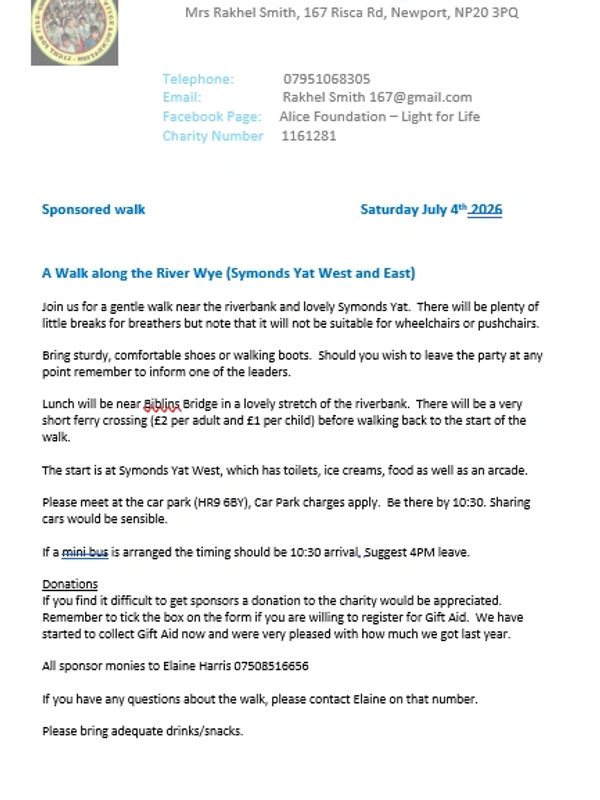 Flyer for a sponsored walk along the River Wye on July 4th, 2026.