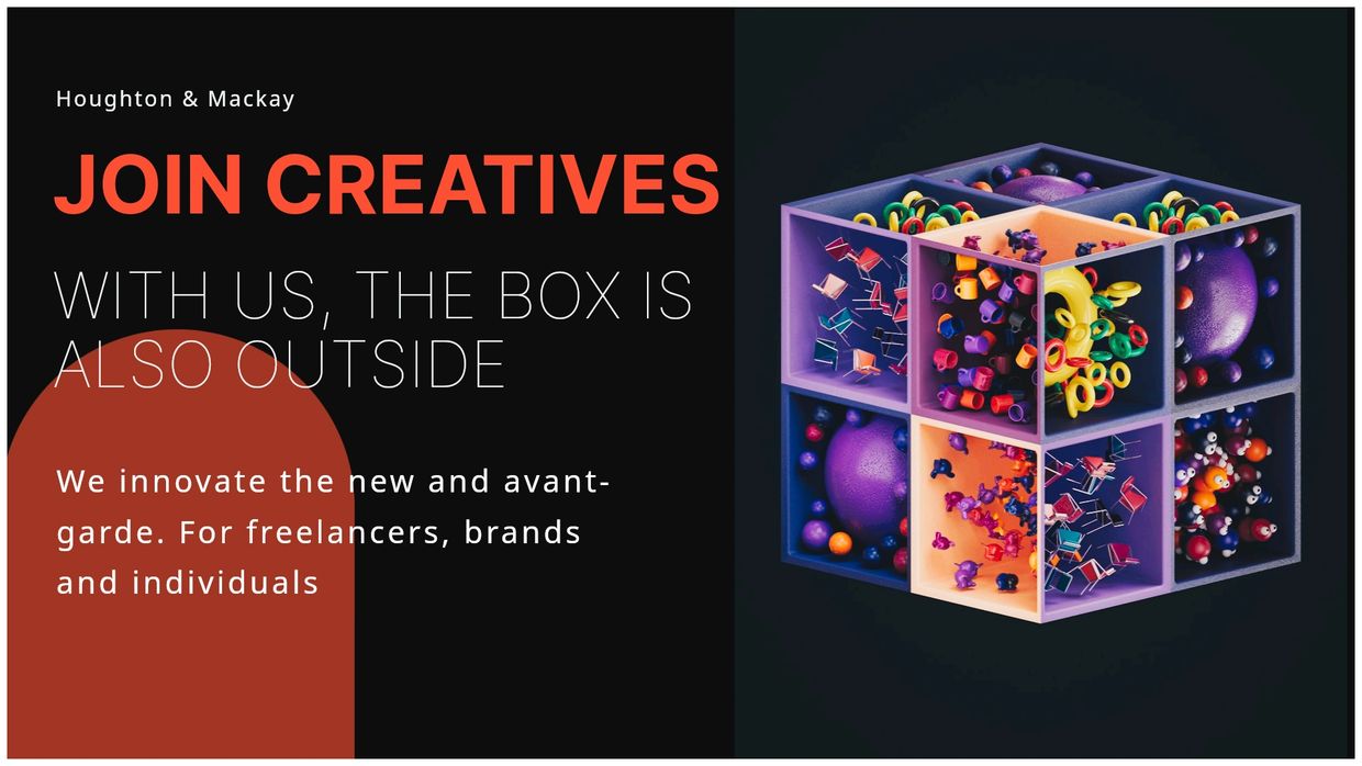 A colorful box says Join Creatives.  with us the Box is also outside.  We innovate.