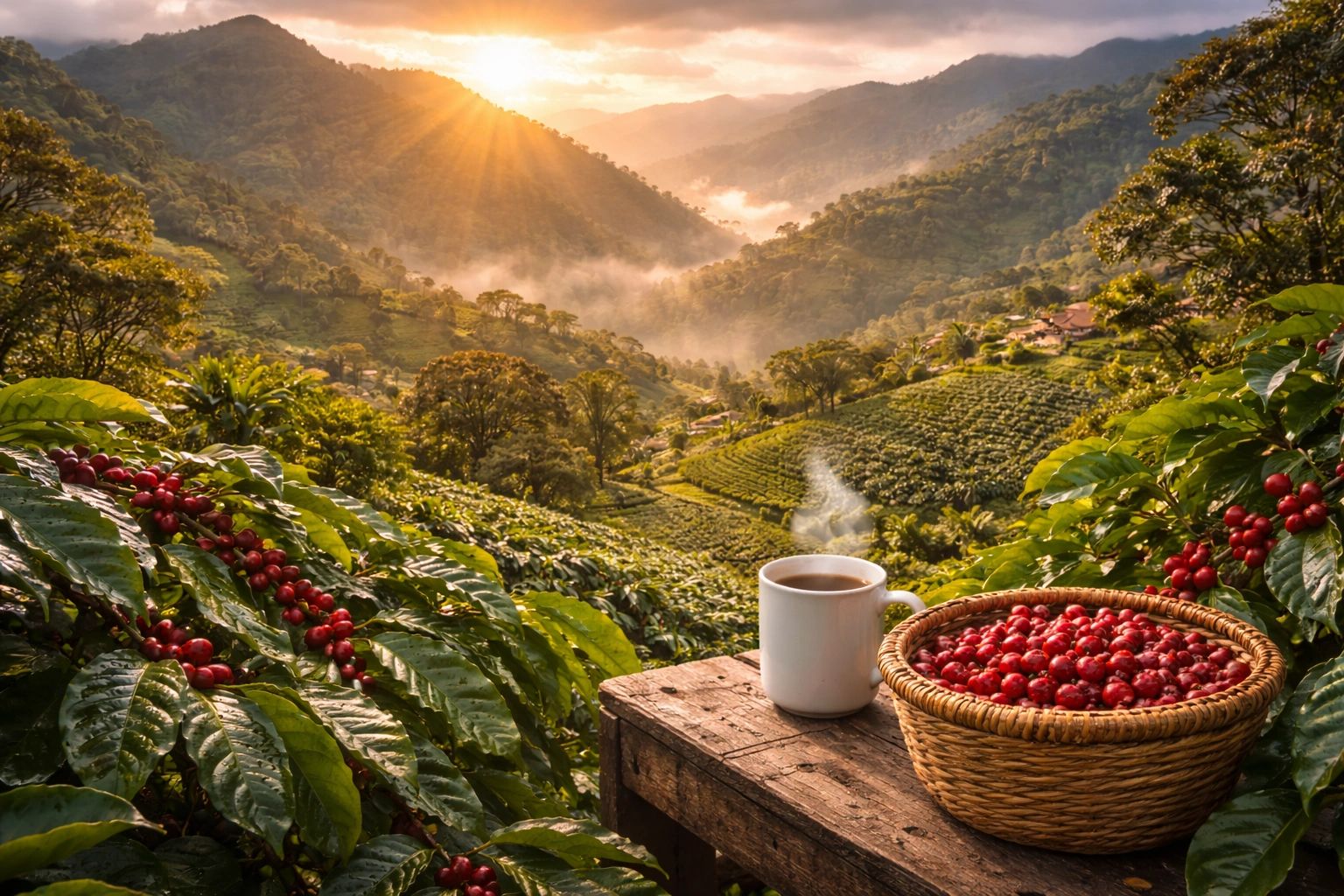 Sunrise over coffee plantations with a steaming cup and basket of red coffee cherries.