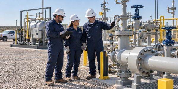 Three engineers inspecting industrial equipment at a gas plant.