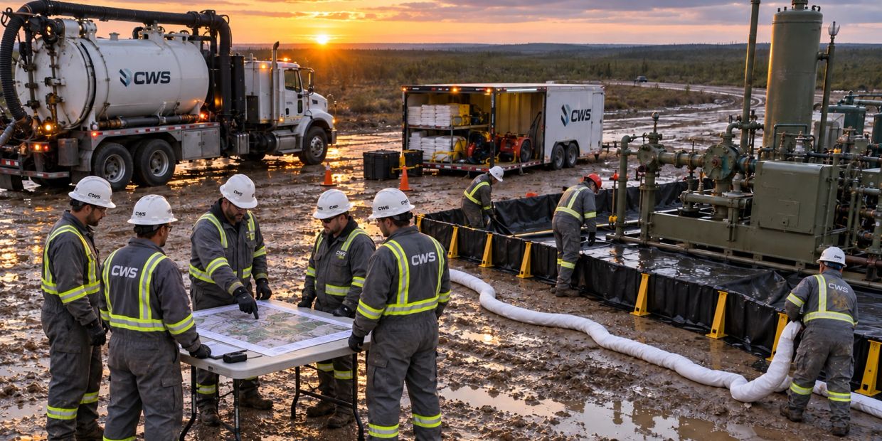 Workers discuss plans at a muddy industrial site during sunset.