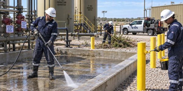 Workers cleaning industrial site with pressure washer and painting poles.