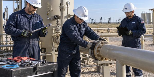 Three workers inspect a pipeline at an industrial site.