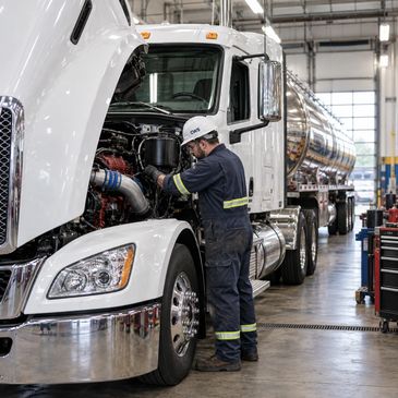 Mechanic inspecting a large truck engine inside a garage.