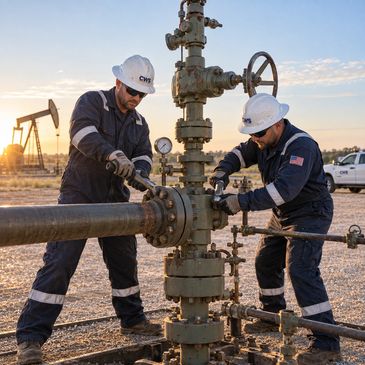 Two workers operating oil extraction equipment outdoors.