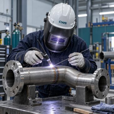 Welder working on a metal pipe in an industrial setting.