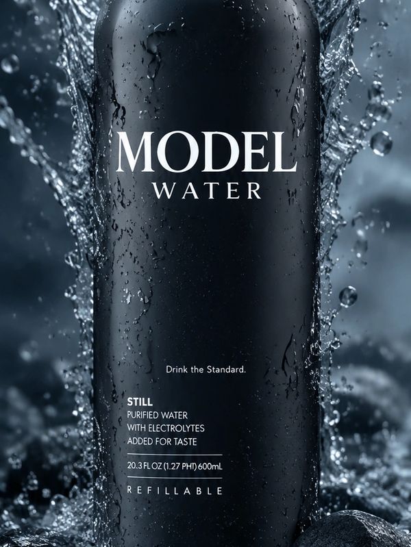 Black bottle of Model Water with water splashing around.