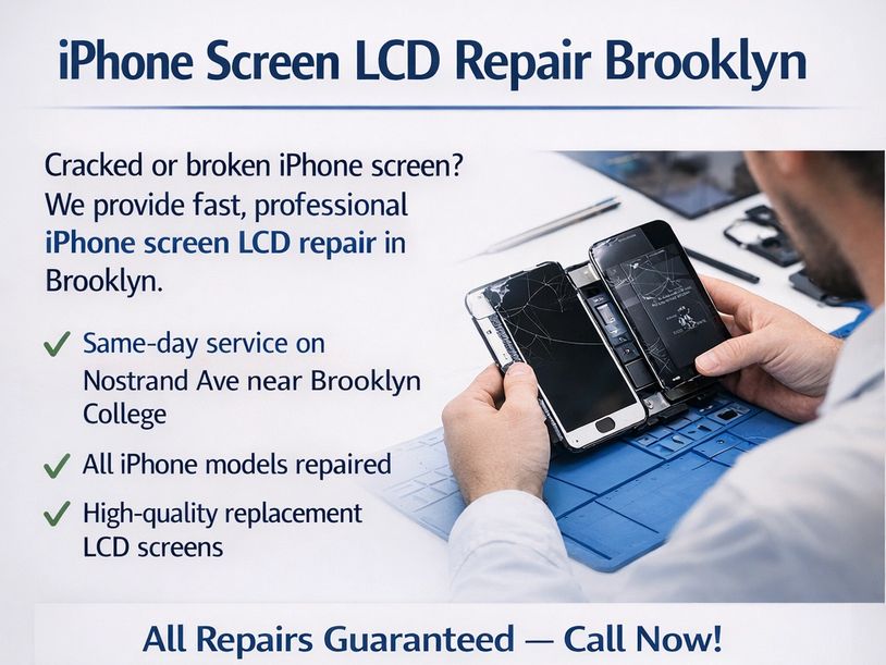 Advertisement for iPhone and laptop screen repair services in Brooklyn by Kaos Computing.