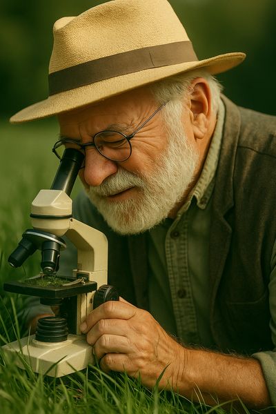 Elderly man with a hat examining a specimen through a microscope outdoors.