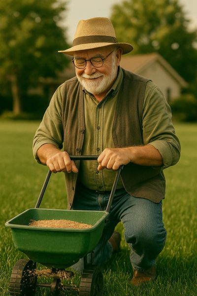Smiling elderly man spreading seeds on his lawn with a green spreader.