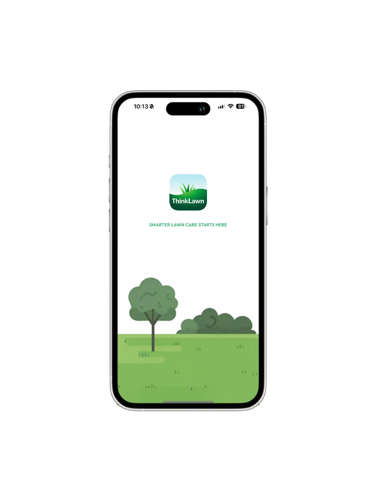 Smartphone displaying the ThinkLawn app splash screen with lawn care graphics.