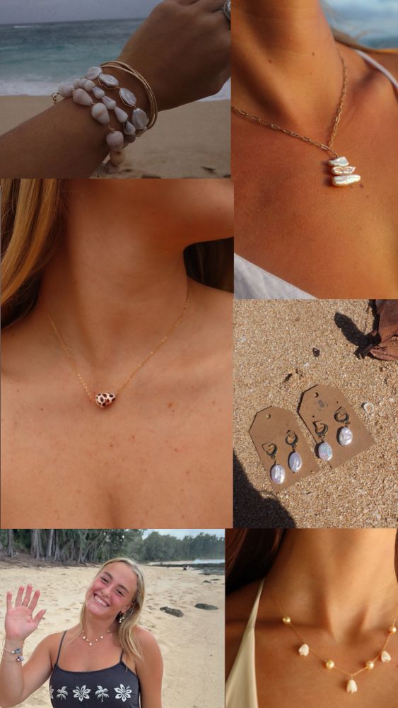 Beach-inspired jewelry featuring shells and pearls in natural settings.