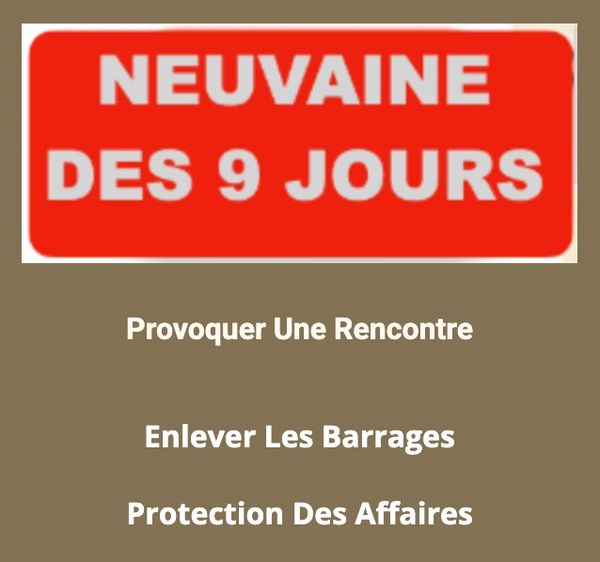 French text about a nine-day novena with intentions for meetings, removing obstacles, and business protection.