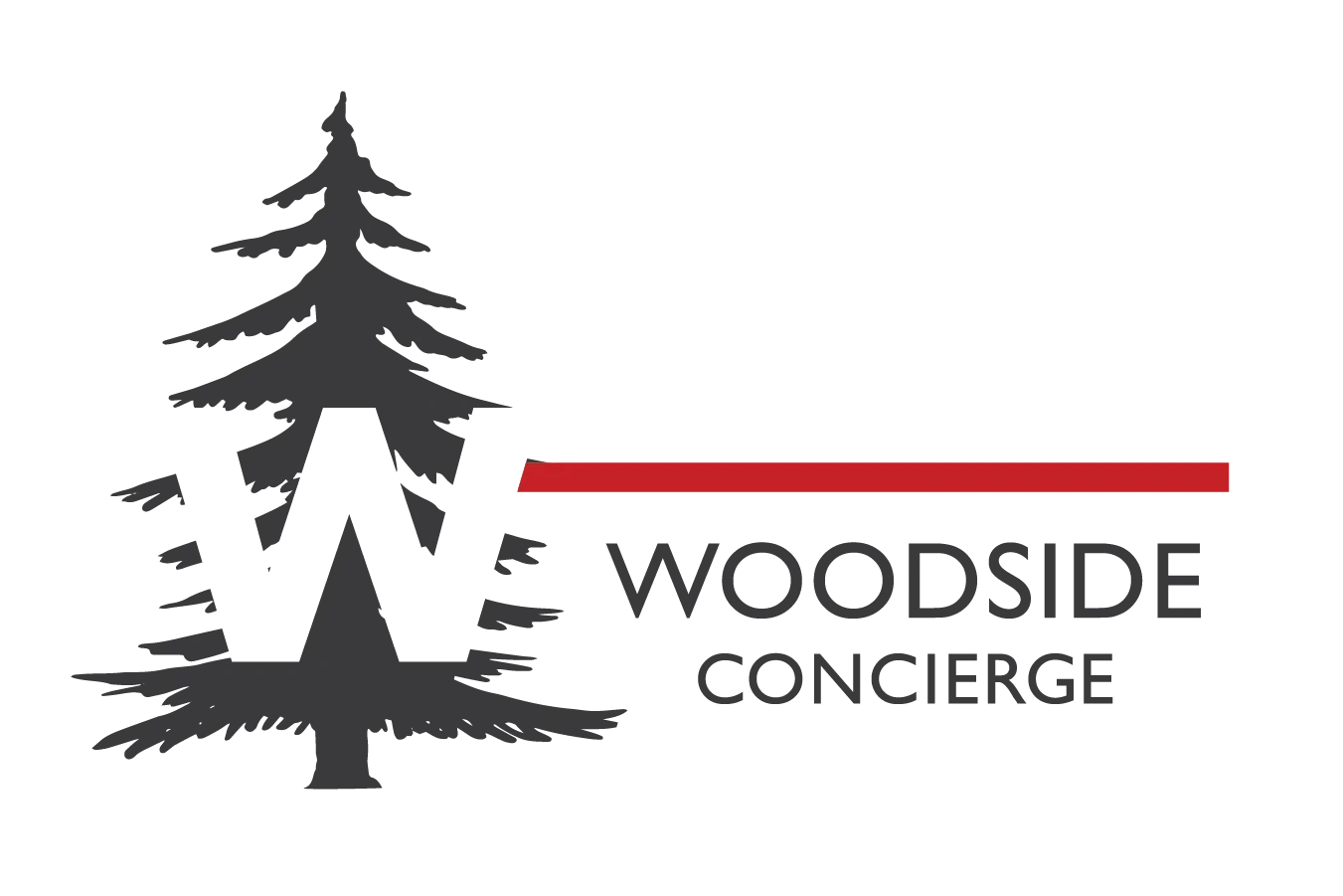 Woodside Concierge logo featuring stylized trees and red underline.