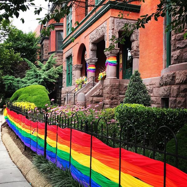 Rainbow ribbons around columns and gates