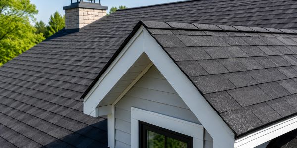 Close-up of a house roof with dark shingles and a chimney under a clear sky.