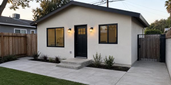 Small modern backyard studio with black door and windows, concrete walkway, and garden bed.