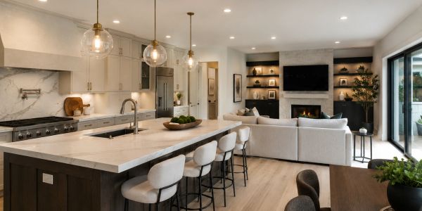Modern open-concept kitchen and living room with marble countertops and cozy fireplace.