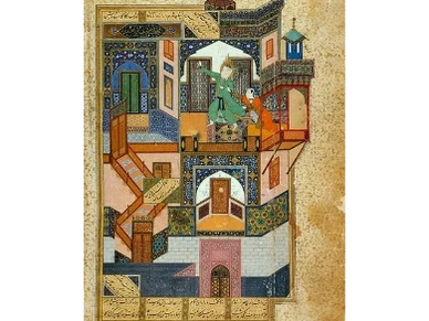 1488 -Yusuf and Zulaikha (Joseph chased by Potiphar's wife), Persian miniature by Behzād