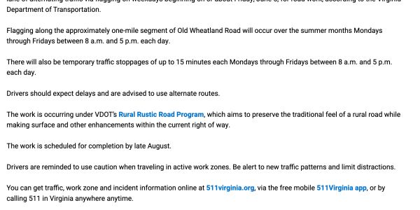 Traffic flagging on Old Wheatland Road weekdays starting June 6, causing delays and temporary stoppages.