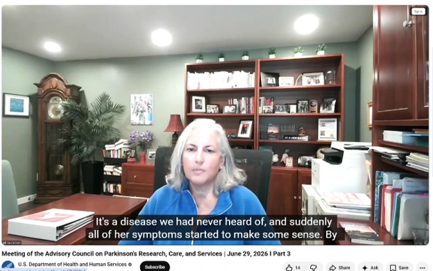Providing public testimony about her mom's story at the inaugural meeting of the national Advisory Council on Parkinson's Research, Care, and Services – June 29, 2026