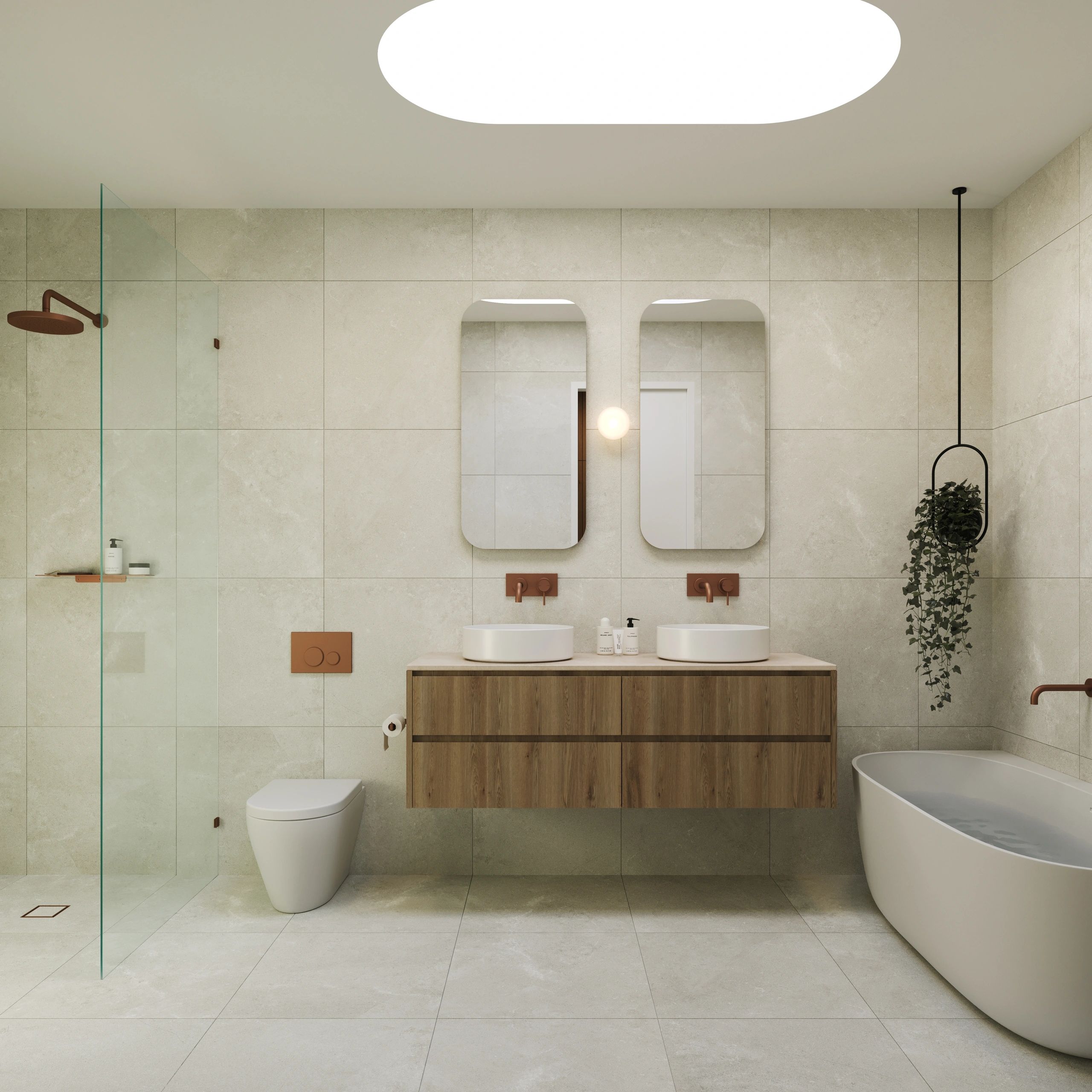 Modern bathroom with dual sinks, frameless mirrors, and a freestanding bathtub.