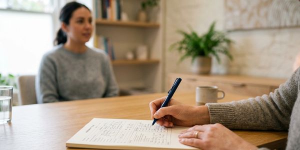 Psychologist taking notes on an assessment form at a desk during a psychological assessment