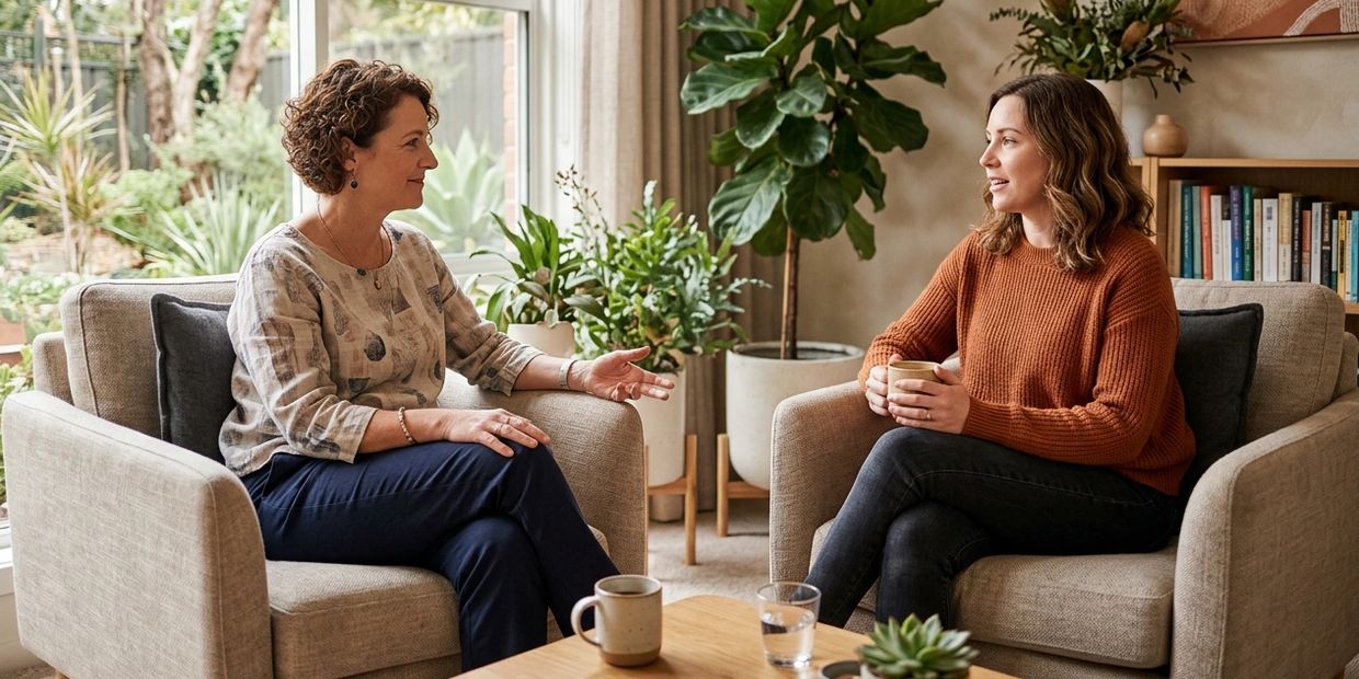 Psychologist and client talking in comfortable armchairs during an individual therapy session in a w