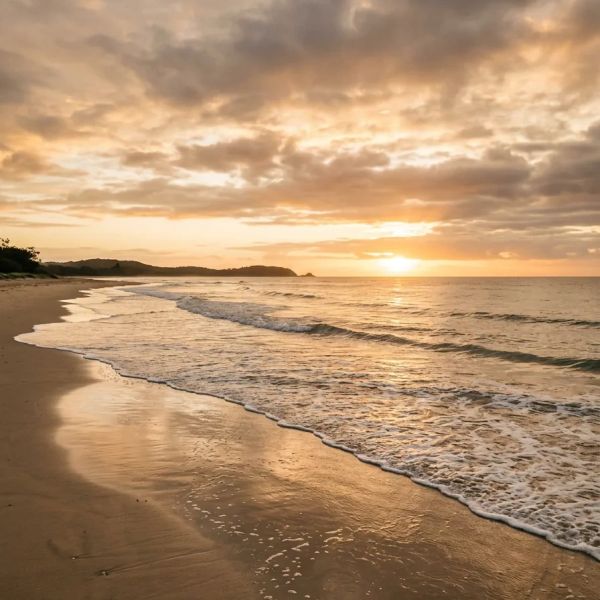 Sunrise over a calm Sunshine Coast beach in warm morning light