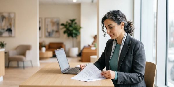 A health professional reviewing a report at an office desk, representing referrals to ABC Psychology
