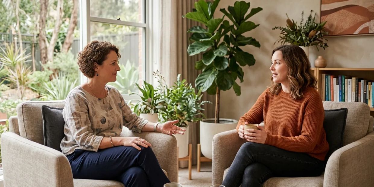 Psychologist and client talking in comfortable armchairs during an individual therapy session in a w