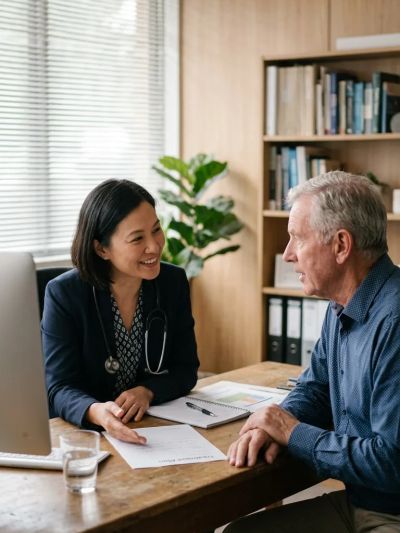 A GP talking with a patient about a mental health treatment plan in a clinic, representing Medicare 