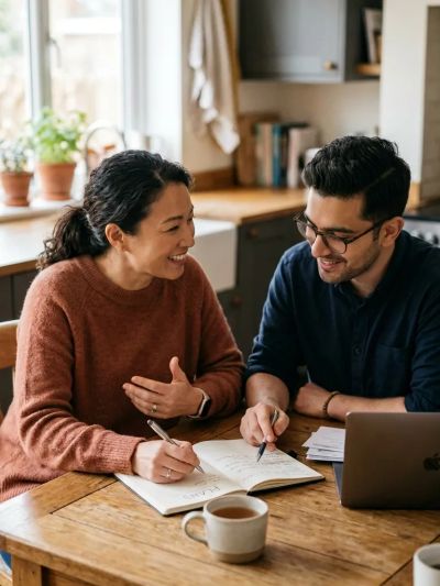 Two people collaborating with notebooks and a laptop.