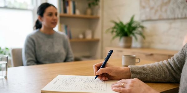Psychologist completing a psychological assessment form during a session with a client