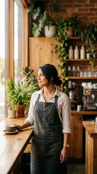 A café worker in an apron pausing with a coffee by a sunlit window, representing recovery and return