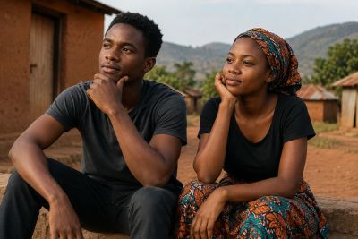 Thoughtful young man and woman sitting outdoors.