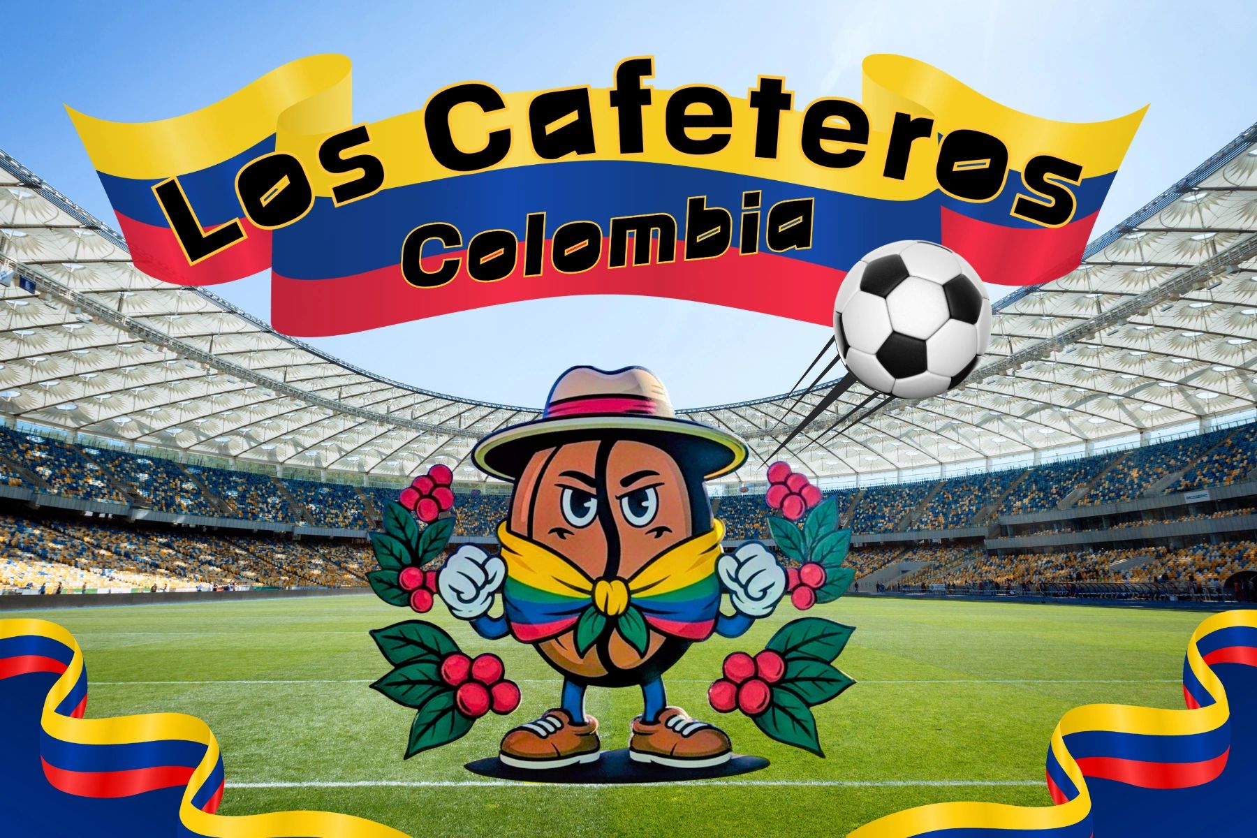 Colombian soccer-themed mascot with coffee elements in a stadium setting.