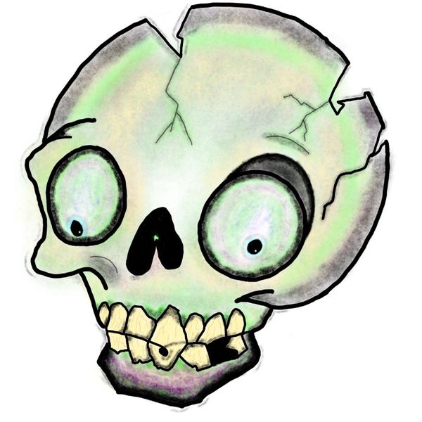 Cartoonish cracked skull with big eyes and uneven teeth.