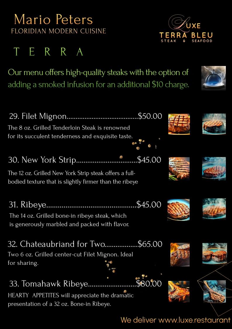 Luxe Terra Bleu Steak & Seafood Restaurant Bar Grill The Chef Mario Peters Floridian Modern Cuisine