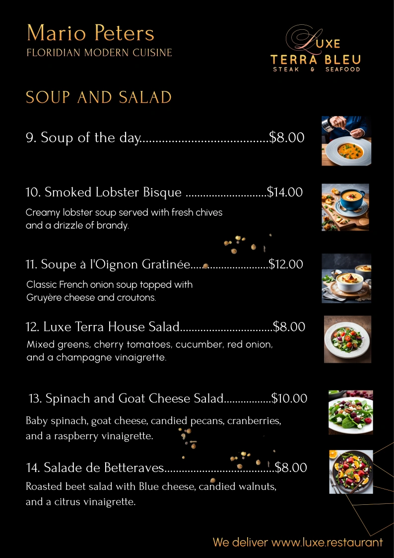 Luxe Terra Bleu Steak & Seafood Restaurant Bar Grill The Chef Mario Peters Floridian Modern Cuisine