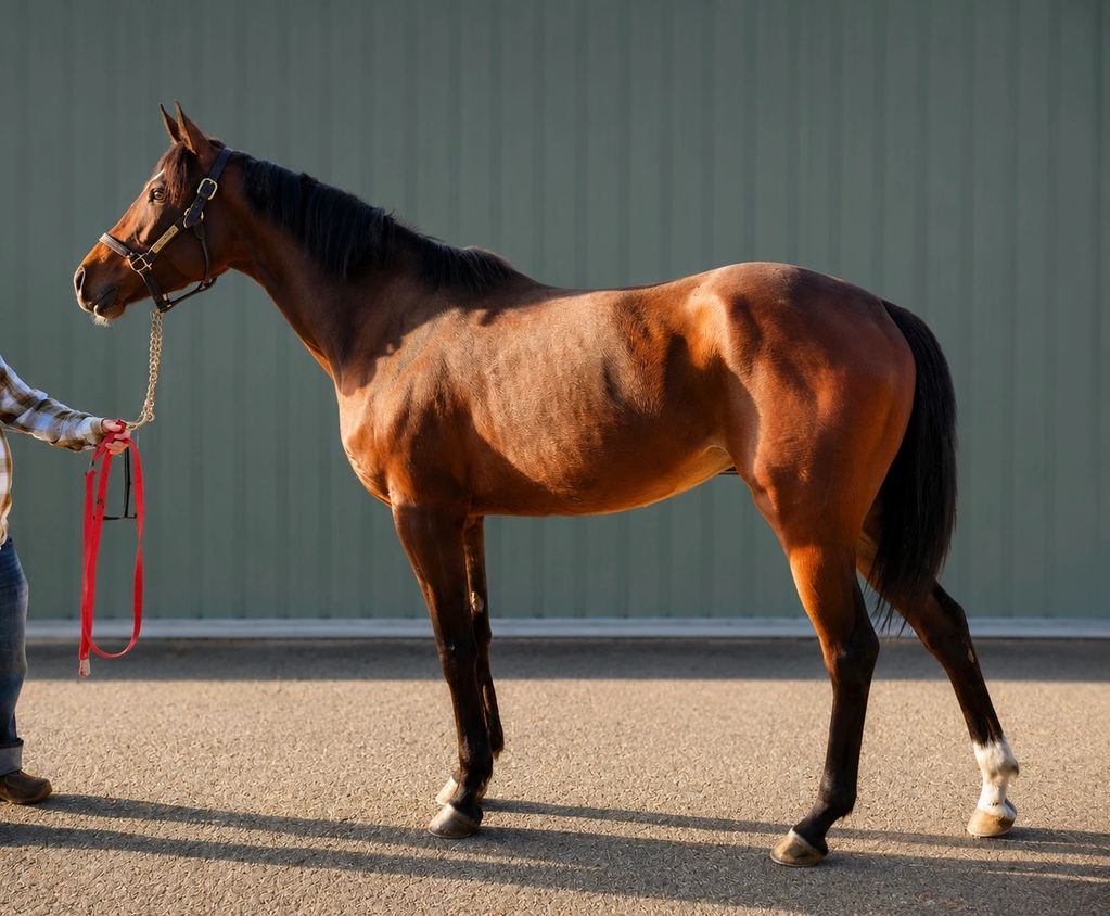 A brown horse with a black mane stands calmly beside a person holding its lead.