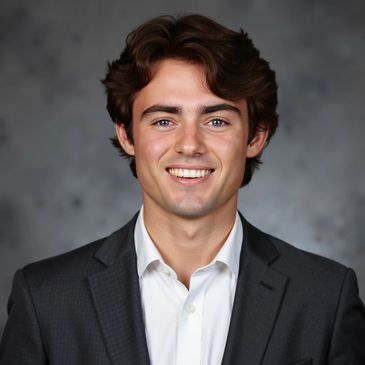 Young man in a suit smiling against a gray background.