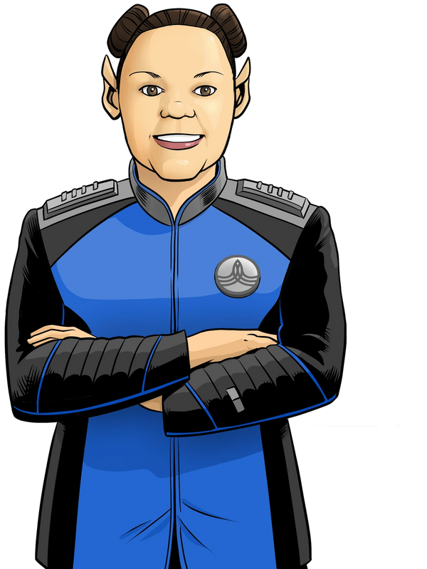 Smiling sci-fi character in blue and black uniform with crossed arms. #AnnounceTheOrville