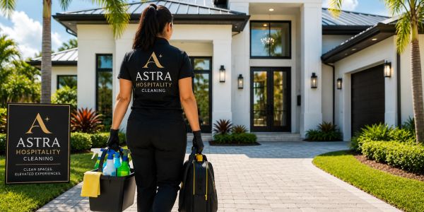 A cleaner from Astra Hospitality Cleaning approaches a modern house with cleaning supplies.