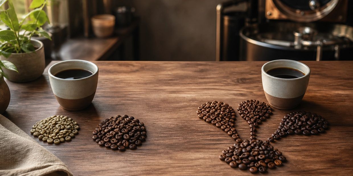 Coffee cups with coffee beans arranged on a wooden table.