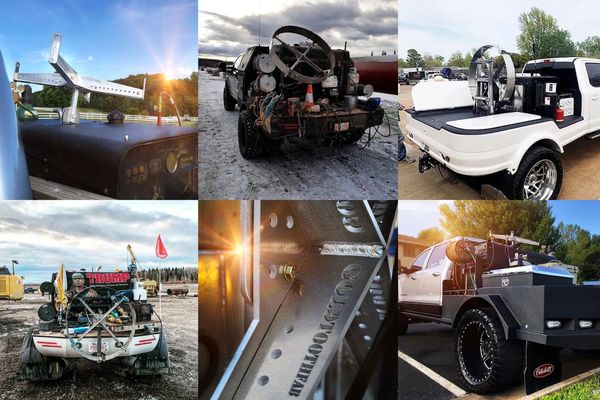 Collage of various trucks modified with large, mechanical equipment on their beds.