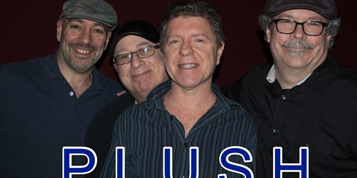 Four smiling men posing together with the word 'PLUSH' below them.